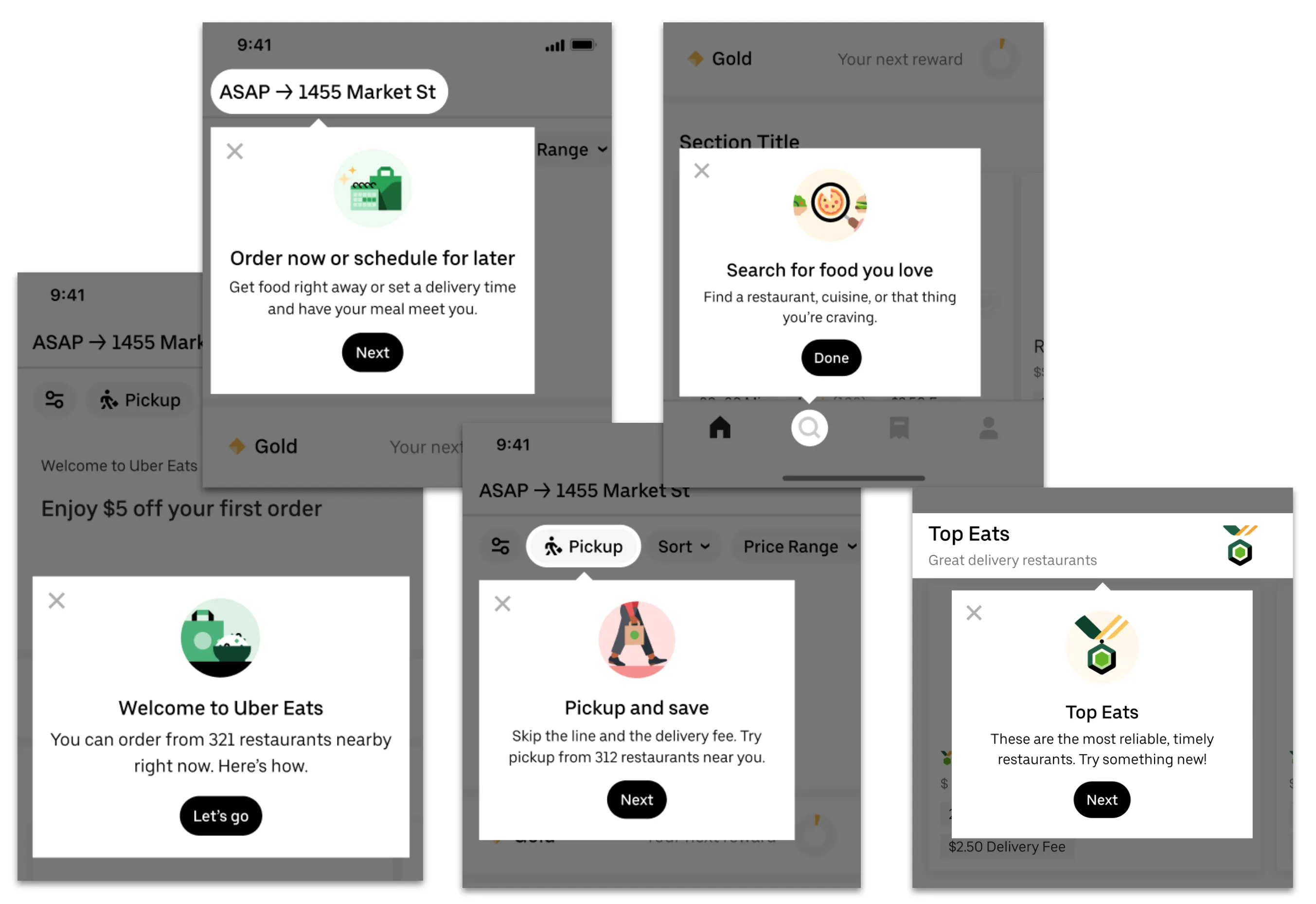 A collection of screens showing people how to search, filter, and use key features in the Uber Eats app.