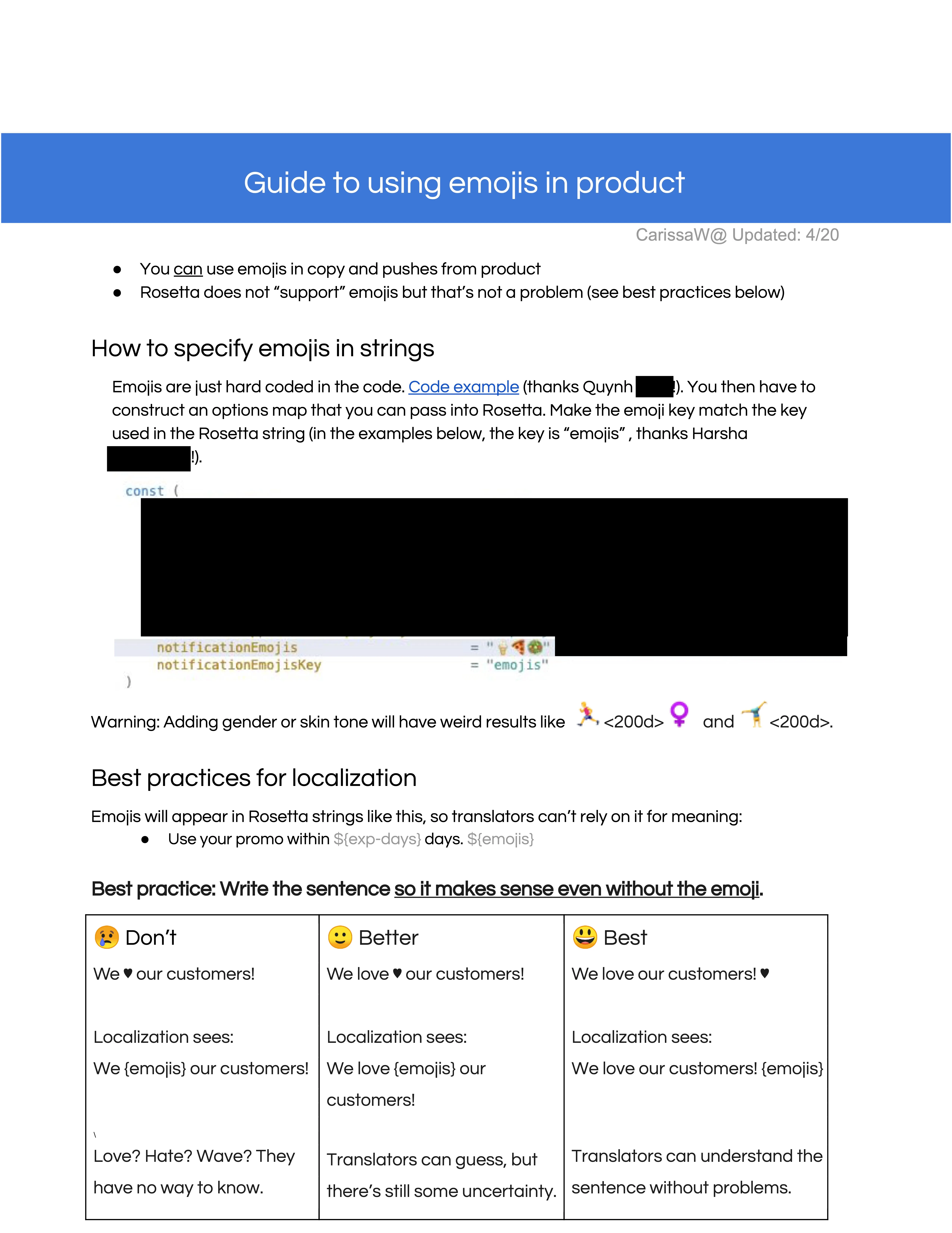 A style guide showing how to write with emojis while still creating a sentence that can be translated coherently