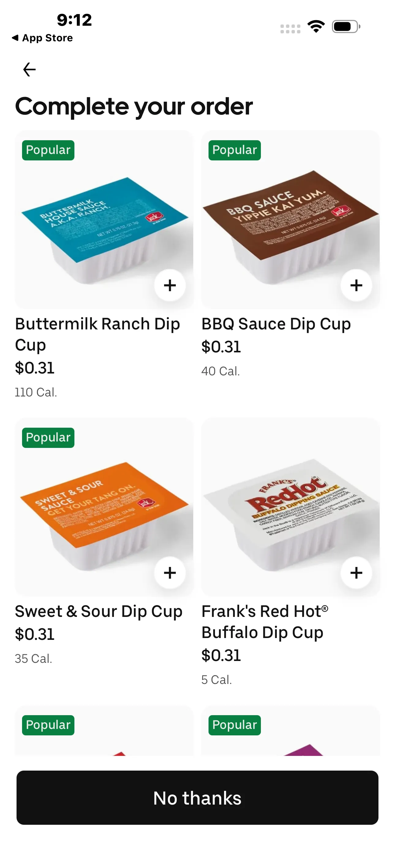 Uber Eats checkout add-on screen with suggested items and a No thanks button